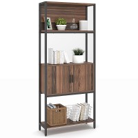 5-Tier Bookshelf with Doors, Rustic Wood Industrial Bookcase for Home, Living Room, Bedroom, Office (Walnut Brown) - HSH01106TG  